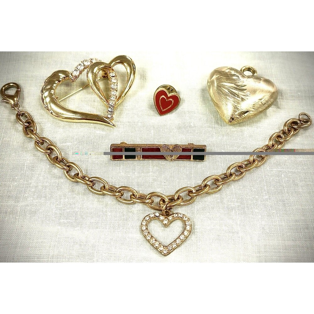 Vintage Heart Jewelry Lot Brooch Pin Bracelet Pendant Gold Red Rhinestone 5pcs